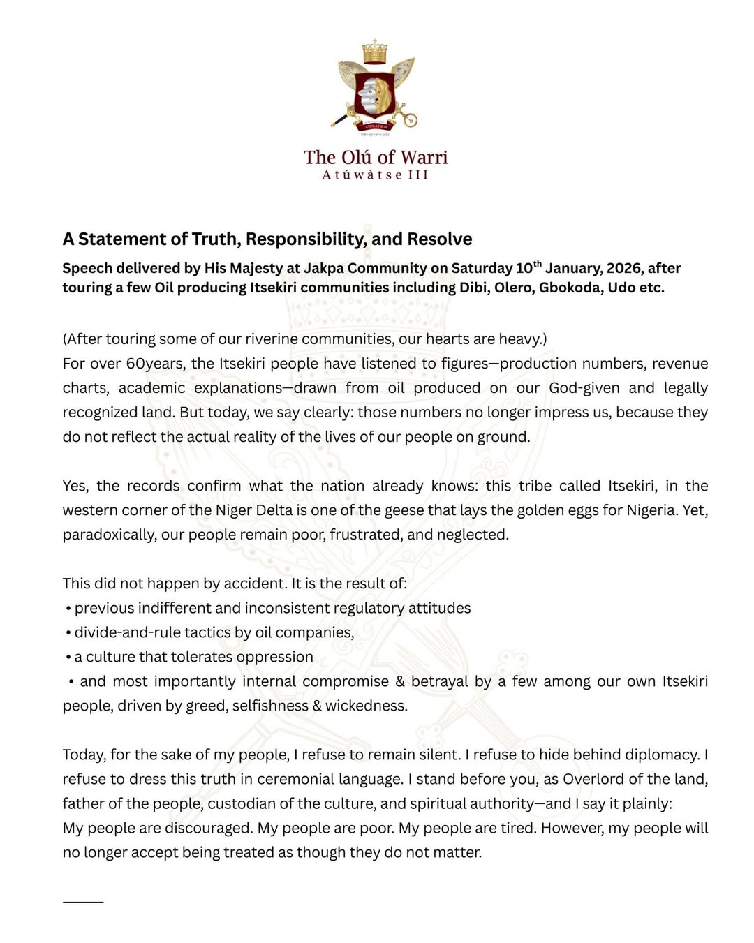 A Statement of Truth, Responsibility and Resolve